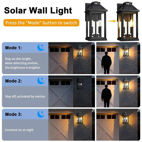 Rock Solid Solar Porch Light Outside With Smart Motion Sensor And Dusk To Dawn Auto Switch, showing 3 operational modes.