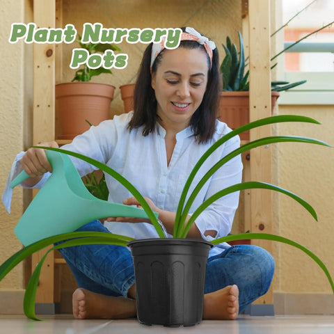 Woman watering a plant in a 60 Pack One Gallon Plastic Plant Pots With Drainage Holes For Seedlings Cuttings And Transplants Perfect For Home Gardens Reusable Lightweight Durable Black Pots For Herbs Vegetables And Succulents