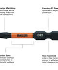 Double Square 5 Piece Bit Set For Impact Drivers, 2 Inch Bits, Premium S2 Steel, shown with Torsion Zone and DS2 markings
