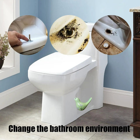 Heckin Cute Green Bird Toilet Bolt Covers Pair Decorative Ceramic Screw Caps For Bathroom Fixtures Zero Hassle Easy Install showcased on a toilet.