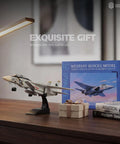 F-14 Tomcat 3D Quick Build Model Kit For Adults Fighter Jet Puzzle on a desk with packaging and gift box.