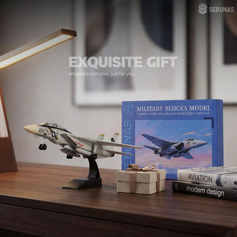 F-14 Tomcat 3D Quick Build Model Kit For Adults Fighter Jet Puzzle on a desk with packaging and gift box.