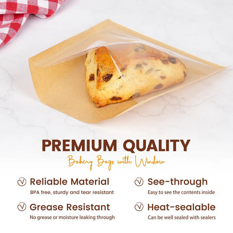 100 Pack Heat Sealable Cookie Bags With Window Grease Resistant Grab And Go Bakery Bags For Treats Donuts Cookies Brownies Cakes Scones Great For Bake Sales showing scone in bag