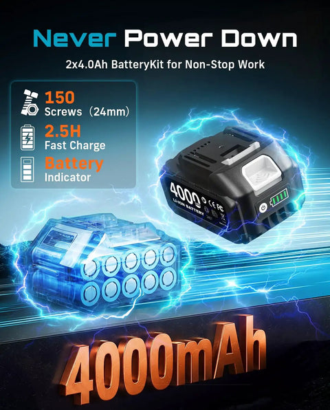 Heavy Duty 1000 Newton Meter Cordless Impact Wrench Kit battery, 21 Volt, 4000mAh Li-ion, rapid charge, LED indicator