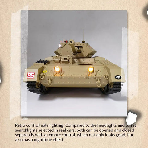 RC British Crusader Tank 1/16 Scale With Metal Upgrades And 2.4G Infrared Battle front view with headlights on display
