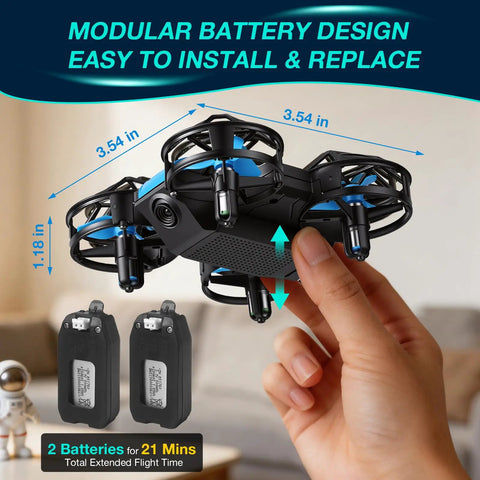 Hand holding Mini Kids Drone For Indoors And Outdoors RC Quadcopter with propeller guards and LED lights next to batteries