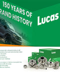 Lucas automotive products display with green packaging featuring car parts and branding text "150 Years of Brand History."