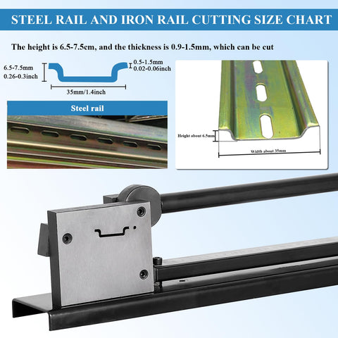 Pro Grade Manual DIN Rail Cutter For Aluminum Guide Rails 35mm Wide With Measuring Ruler, showing cutting size chart