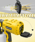 Heavy Duty HVLP Paint Sprayer With Kick Ass 850W Motor and Four Slick Nozzles, showing inlet filter screen detail.
