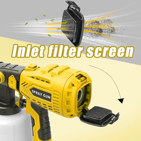 Heavy Duty HVLP Paint Sprayer With Kick Ass 850W Motor and Four Slick Nozzles, showing inlet filter screen detail.