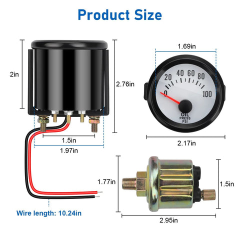 Linkstyle 12V oil pressure gauge kit with sensor and wiring harness, 2-inch (52mm) dial, 0–100 PSI