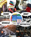 Collage showing 164 Piece Heat Shrink Tubing Kit With Polyolefin, 2 To 1 Shrink Ratio, used in home, boat, vehicle, motorcycle projects.