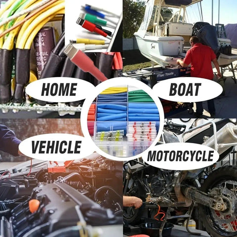Collage showing 164 Piece Heat Shrink Tubing Kit With Polyolefin, 2 To 1 Shrink Ratio, used in home, boat, vehicle, motorcycle projects.