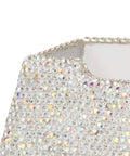 Close-up of Blinged Out Business Card Holder Stand For Desk And Office, Crystal Rhinestones, White Glitter Display, top view.