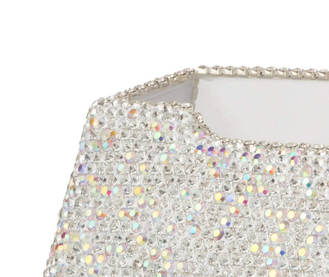 Close-up of Blinged Out Business Card Holder Stand For Desk And Office, Crystal Rhinestones, White Glitter Display, top view.