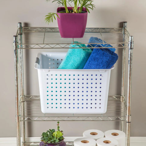 Deep Ultra Open Top Plastic Storage Basket six pack white on metal shelf, containing rolled towels, showcasing organizing use.