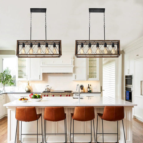 Farmhouse Rustic 5 Light Pendant Chandelier With Adjustable Height Chains Dope Wood Grain Finish over kitchen island