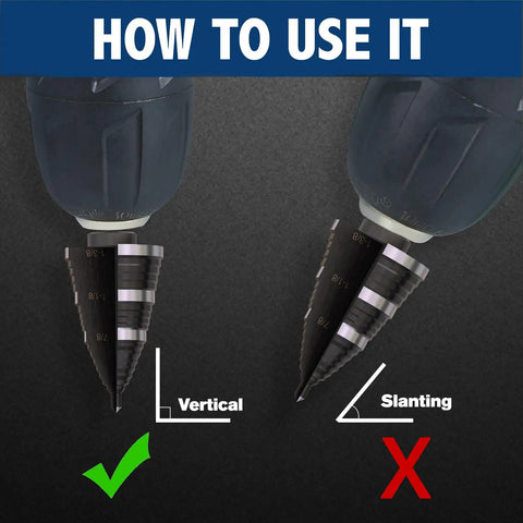 Step Drill Bit Set With Nineteen Sizes From Three Sixteenth Inch To One And Three Eighth Inch Double Fluted Cutting Bits For Stainless Steel Metal Aluminum Copper Wood PVC Great For DIY Projects And Drilling Efficiency, showing correct vertical and incorrect slanting drill positions.