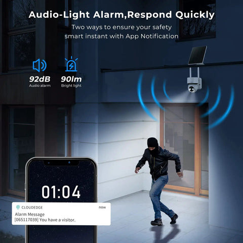 Man walking past house at night triggers Solar Wireless Outdoor Security Camera With PTZ Control And Motion Detection alerts.