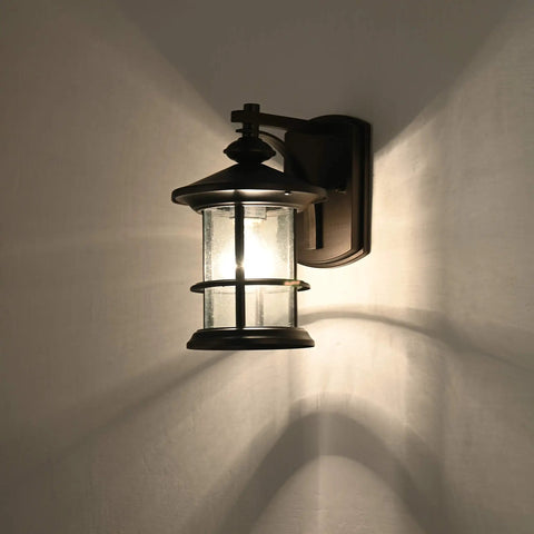 100W Max Vintage Farmhouse Outdoor Wall Light With Oil Rubbed Bronze Finish, 10 Inch Metal Exterior Sconce illuminated at night