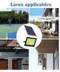 JUDYSSY Solar Garden Outdoor Lights 300W, 400W, Solar Flood Light Led Street L, Black with solar panel in outdoor settings.