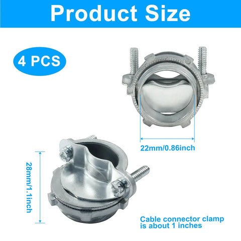 Heavy Duty 1 Inch Clamp Cable Connectors 4 Pack Including Free Screwdriver for snug electrical wire splices with screws.