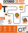 Heavy Duty Drain Snake Auger With Slick Flex Steel Cable For Knocking Out Stubborn Hair And Sink Clogs In Bathroom Or Shower Includes Grippy Work Gloves For A No Sweat Cleanup Fix Bright Orange, 33 feet flexible cable and handle.
