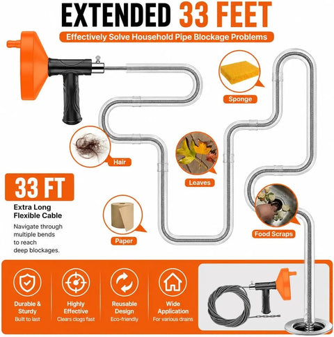 Heavy Duty Drain Snake Auger With Slick Flex Steel Cable For Knocking Out Stubborn Hair And Sink Clogs In Bathroom Or Shower Includes Grippy Work Gloves For A No Sweat Cleanup Fix Bright Orange, 33 feet flexible cable and handle.