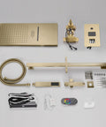Built Tough 22 Inch LED Shower System With Bluetooth Audio And Digital Thermostat includes rainfall panel, controls, and hose in antique brass.