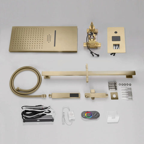 Built Tough 22 Inch LED Shower System With Bluetooth Audio And Digital Thermostat includes rainfall panel, controls, and hose in antique brass.