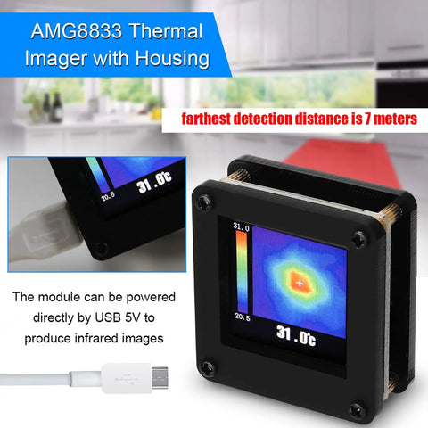USB Powered AMG8833 Infrared Thermal Imager 8x8 Sensor Array With Housing for Easy Electronics Inspections, shown on display.