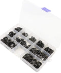 Open kit of 400 piece washer kit with flat and spring lock washers in M3 M4 M5 M6 M8 sizes, carbon steel black finish, heavy duty fasteners