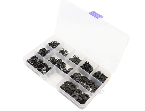 Open kit of 400 piece washer kit with flat and spring lock washers in M3 M4 M5 M6 M8 sizes, carbon steel black finish, heavy duty fasteners