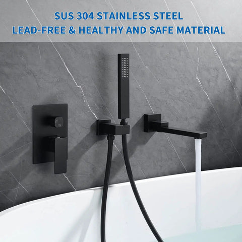 Matte Black Wall Mounted Bathtub Faucet Set With 180 Degree Swivel Spout Tub Filler With Hand Shower Lead Free SUS 304 Stainless Steel
