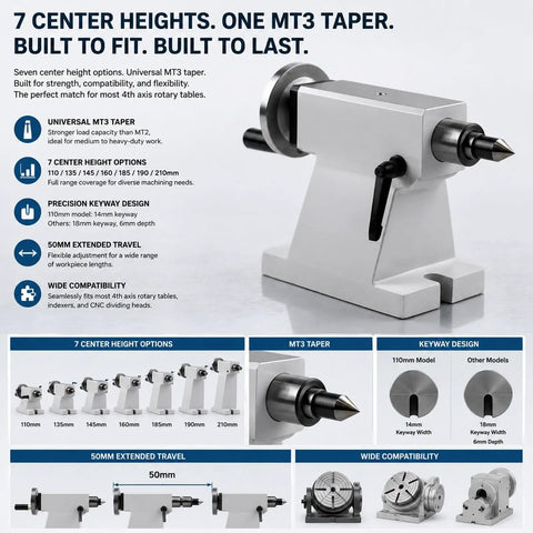 Top Notch Telescopic Tailstock MT3 Taper Fifty Millimeter Travel Wood Lathe Accessories CNC Machine Built Tough on display.