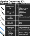 Top Rated Halyuhn 2 Handle Deburring Tool With 20 Pieces High Speed Steel And Cobalt Blades For 3D Prints Metals Plastics Copper Pipes PVC Resin Edge Trimming Burr Remover Kit For Pros, various tool tips and handles displayed.