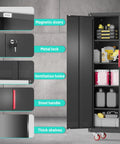 71 Inch Steel Garage Storage Cabinet On Wheels Lockable Metal Tool Cabinet With Four Adjustable Shelves Built Tough For Home Basement And Workshop Black showing magnetic doors and metal lock
