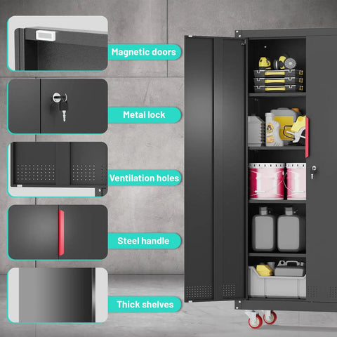 71 Inch Steel Garage Storage Cabinet On Wheels Lockable Metal Tool Cabinet With Four Adjustable Shelves Built Tough For Home Basement And Workshop Black showing magnetic doors and metal lock