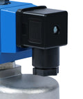 Close-up of high-pressure solenoid valve, 1-inch, blue housing mounted on a metal cylinder.