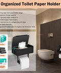 Stainless Steel Toilet Paper Holder With Shelf And Hidden Wipes Dispenser in bathroom setting, mounted on wall.