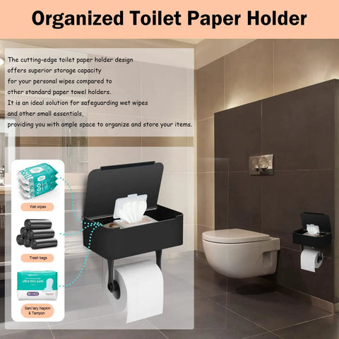 Stainless Steel Toilet Paper Holder With Shelf And Hidden Wipes Dispenser in bathroom setting, mounted on wall.