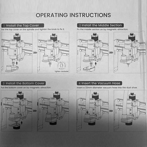 Operating instructions for Top Shelf Cnc Router Dust Shoe With 52 Mm Diameter And Slick Nylon Bristle Seal for woodworking.