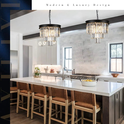 Modern Sleek 3 Tier Black Crystal Chandelier Pendant Light With Dimmable LEDs Flush Mount Ceiling Fixture in kitchen