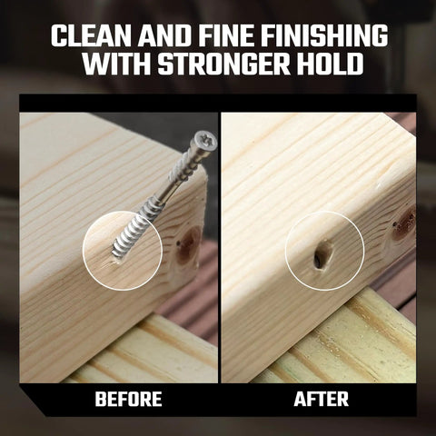 Before and after using Composite Trim Screw Set Stainless Steel 304 No 8 By 2 Inch for outdoor deck installation.
