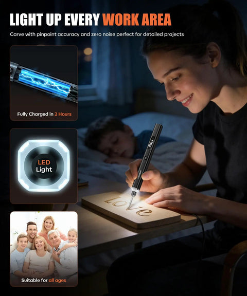 Person using Engraving Pen Kit With LED Light And 31 Bits, Cordless Rechargeable Engraver With Five Speeds For Metal Wood Glass And Plastic