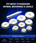 9-piece collars from 2 In 1 Bearing Press And Hub Seal Installer Kit for trucks, showing various adapter sizes for precise installation