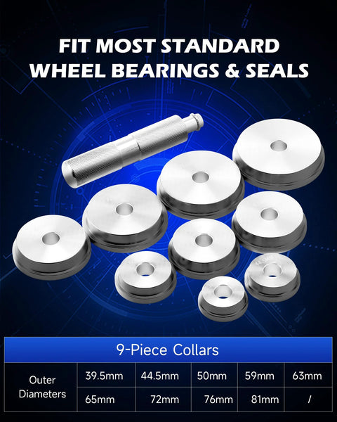 9-piece collars from 2 In 1 Bearing Press And Hub Seal Installer Kit for trucks, showing various adapter sizes for precise installation
