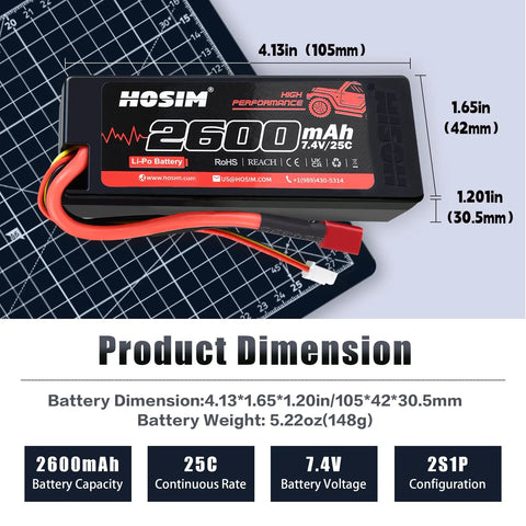 Two Pack 7.4V 2S 2600mAh LiPo Battery 25C dimensions and specs with USB charger for X08 X07 X07W RC vehicles