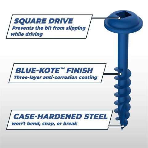 Illustration of Blue-Kote Pocket-Hole Screws 2-Inch Coarse-Thread Maxi-Loc Flat Head with square drive and case-hardened steel.