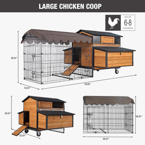 Spacious 6-8 Chickens All In One Wooden Poultry Cage With Metal Frame Removable Dividers Waterproof Roof Hen Hutch